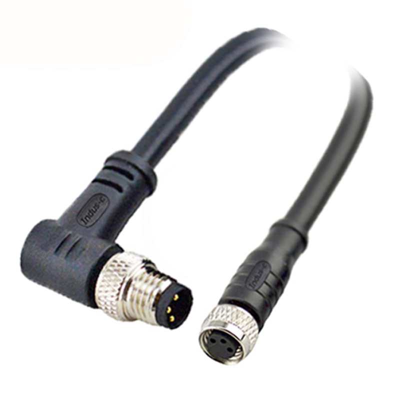 M8 3pins A code male right angle to female straight molded cable,unshielded,PVC,-10°C~+80°C,24AWG 0.25mm²,brass with nickel plated screw